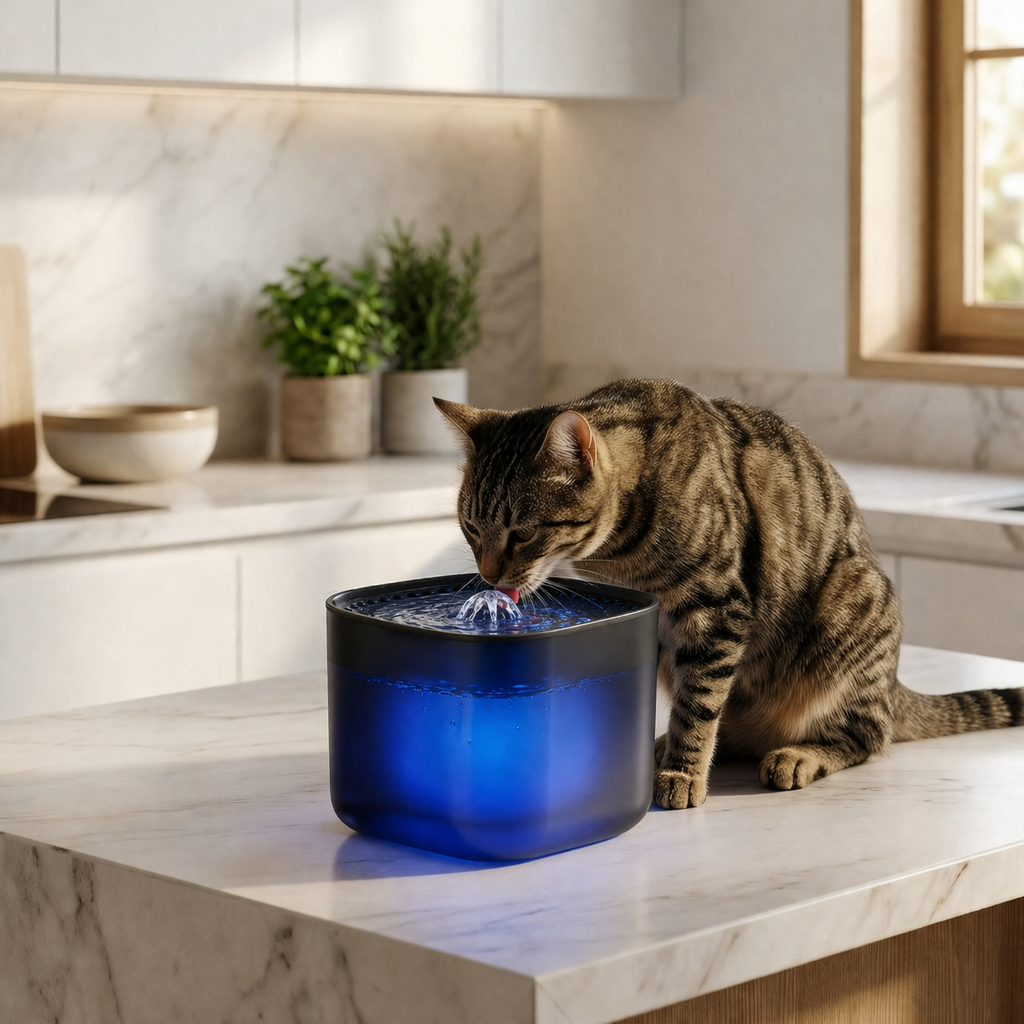 chat boit dans fontaine eau chat a led noire