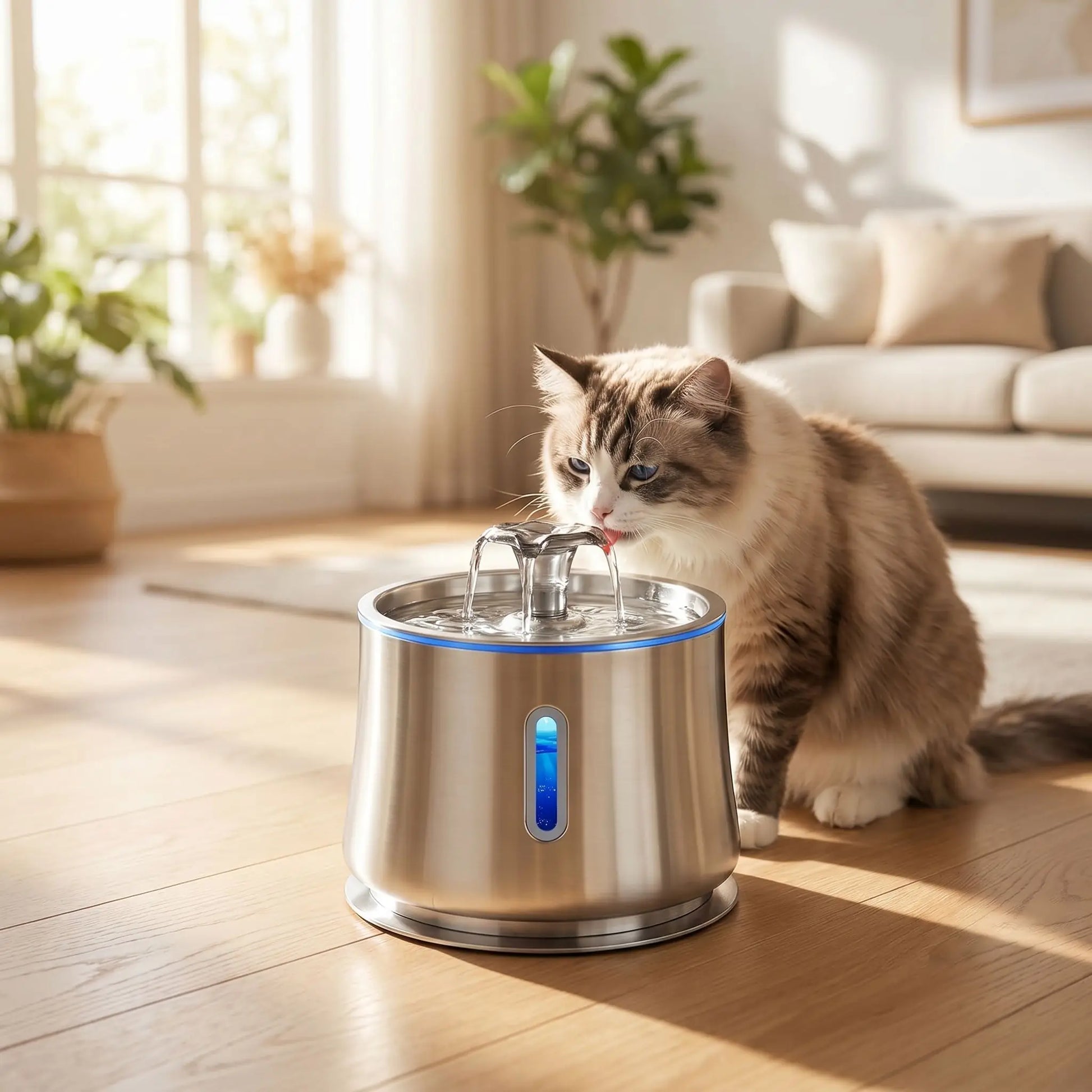 chat boit dans fontaine eau chat acier dans salon