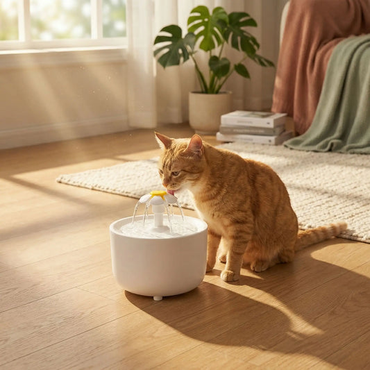 chat boit dans fontaine eau chat blanche dans salon
