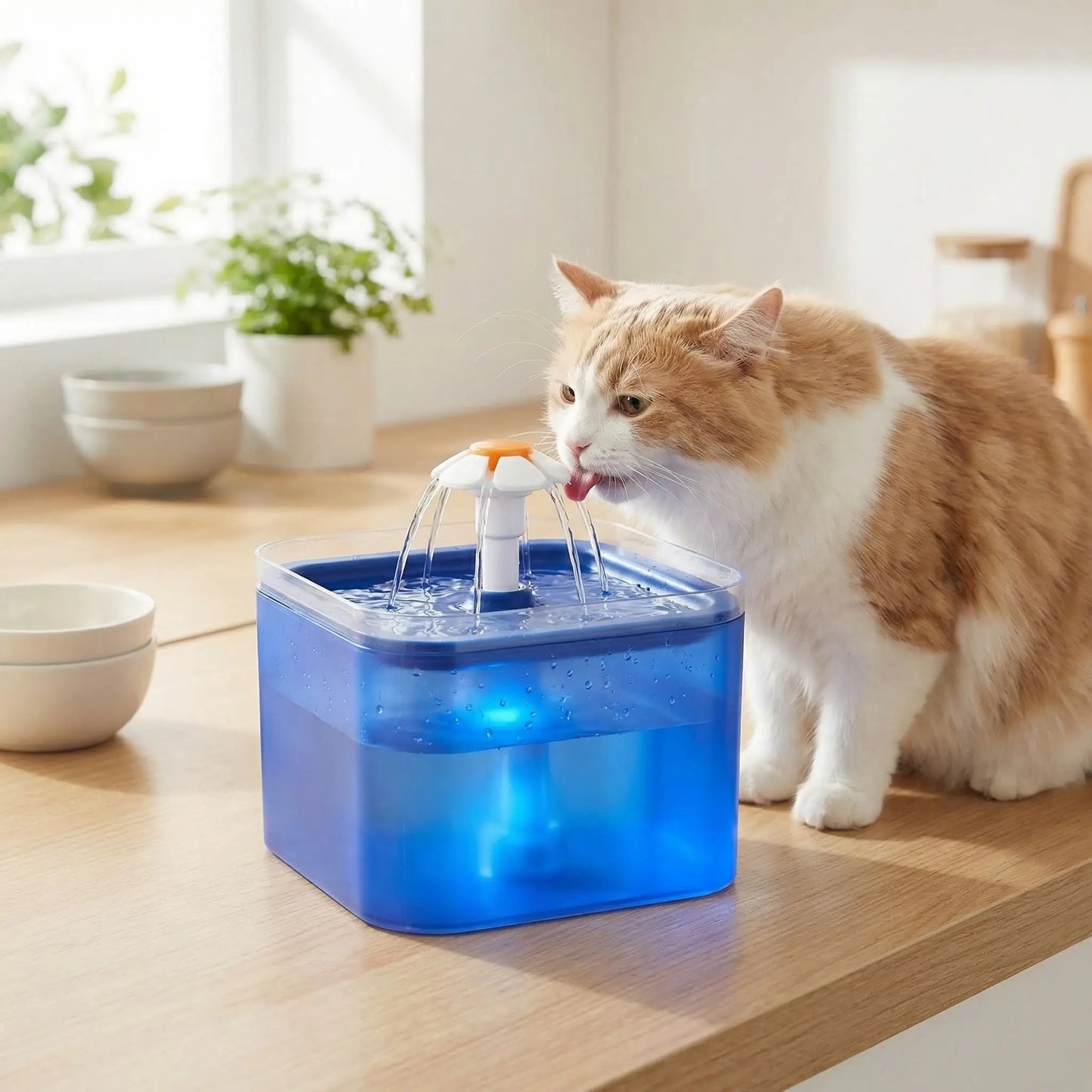 chat boit dans fontaine eau chat bleue