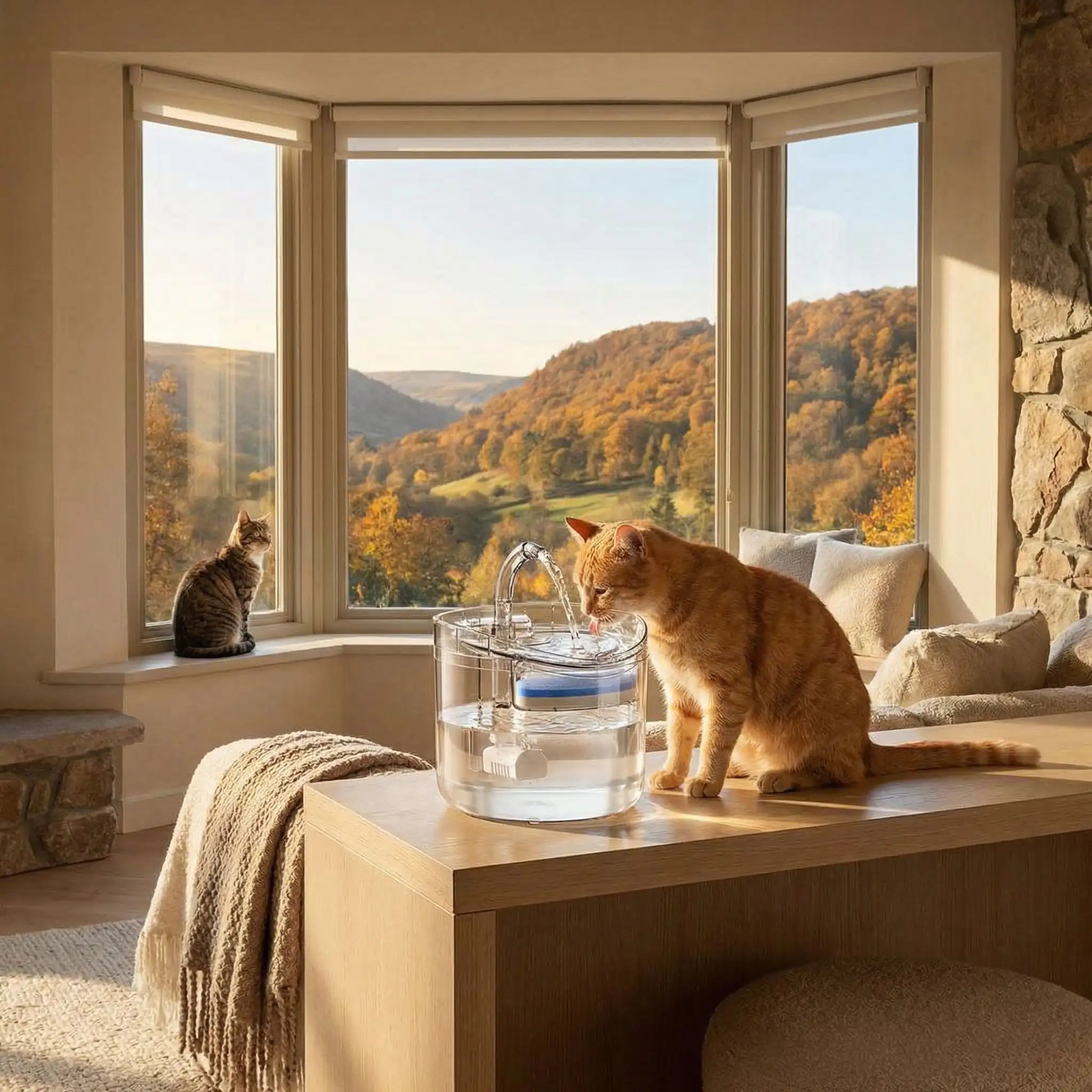 chat boit dans fontaine eau chat dans grande piece