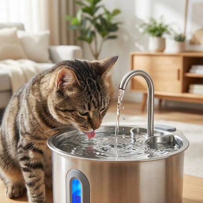 chat boit dans fontaine eau chat en inox