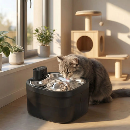 chat boit dans fontaine eau chat noire