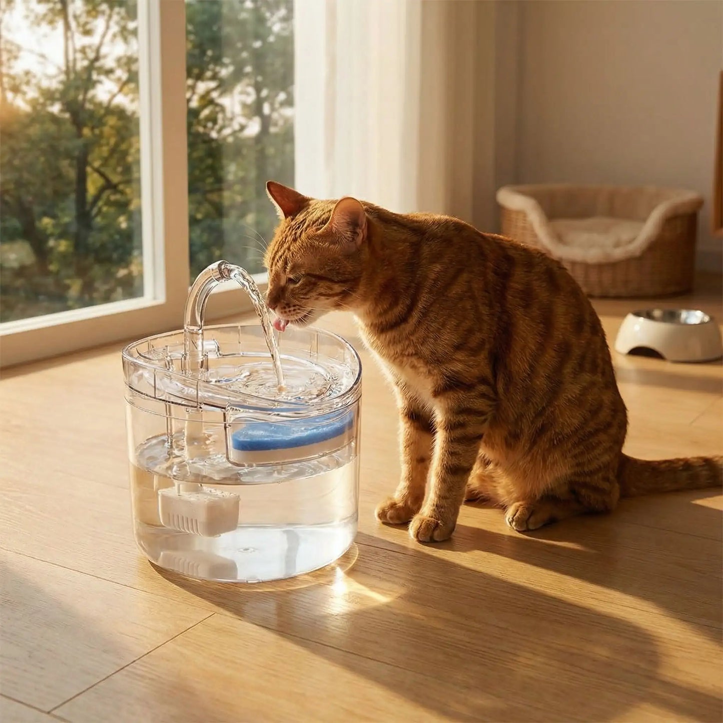 chat boit dans fontaine eau chat transparente