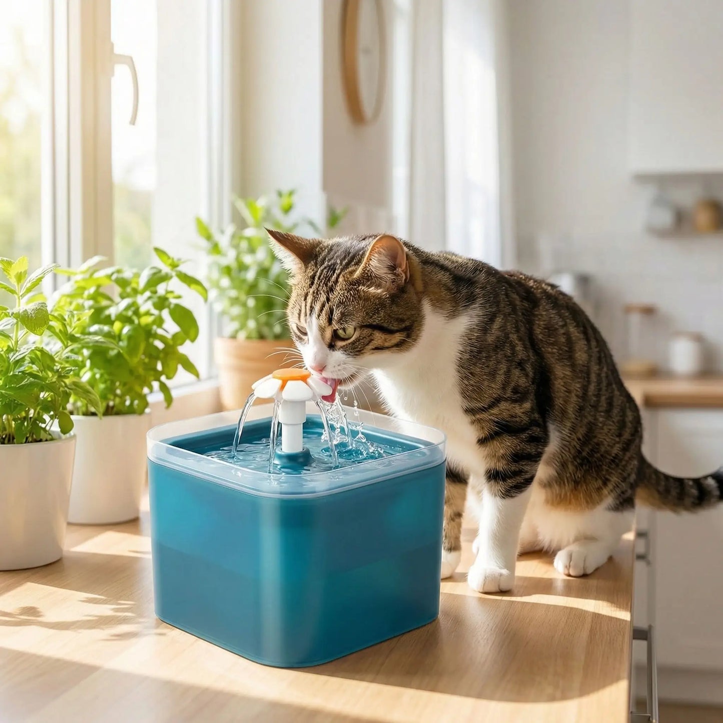chat boit dans fontaine eau chat verte