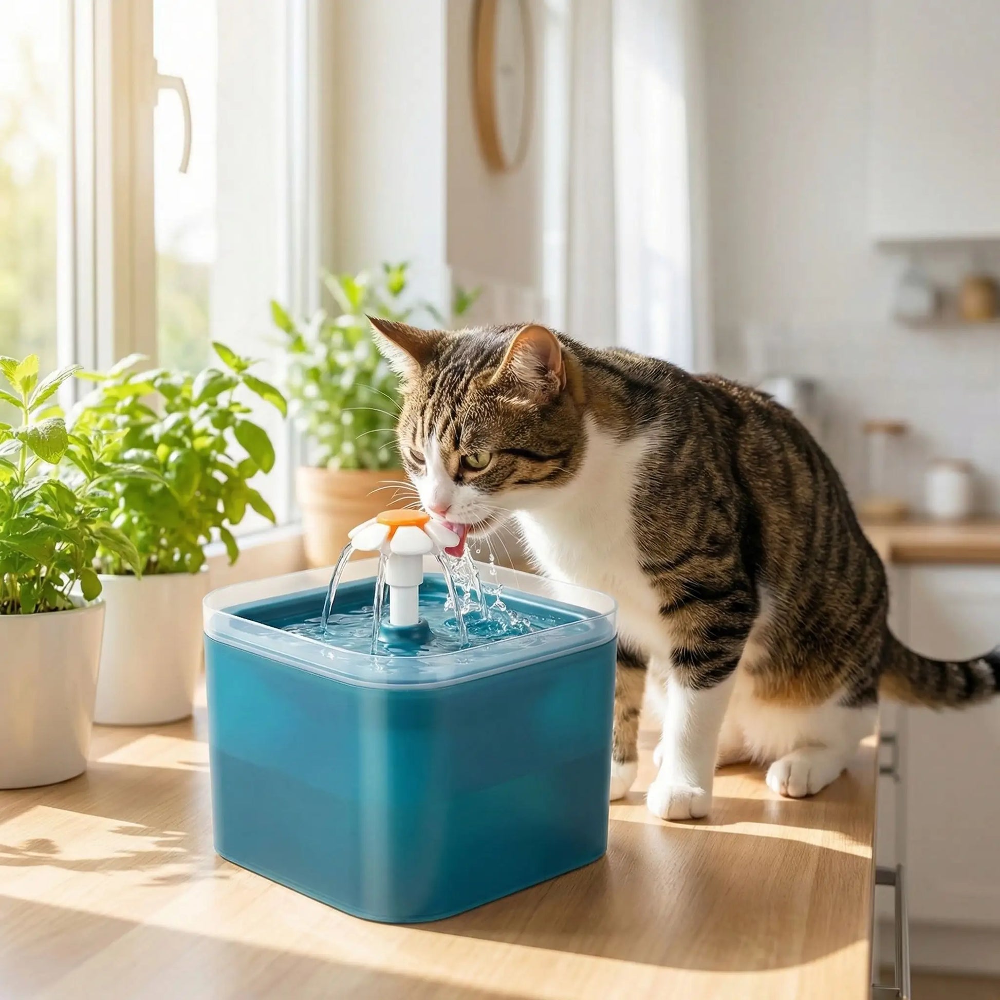 chat boit dans fontaine eau chat verte