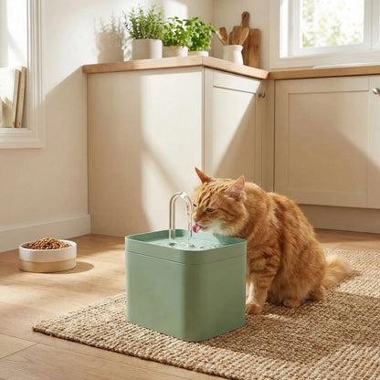 chat boit dans fontaine eau pour chat dans cuisine
