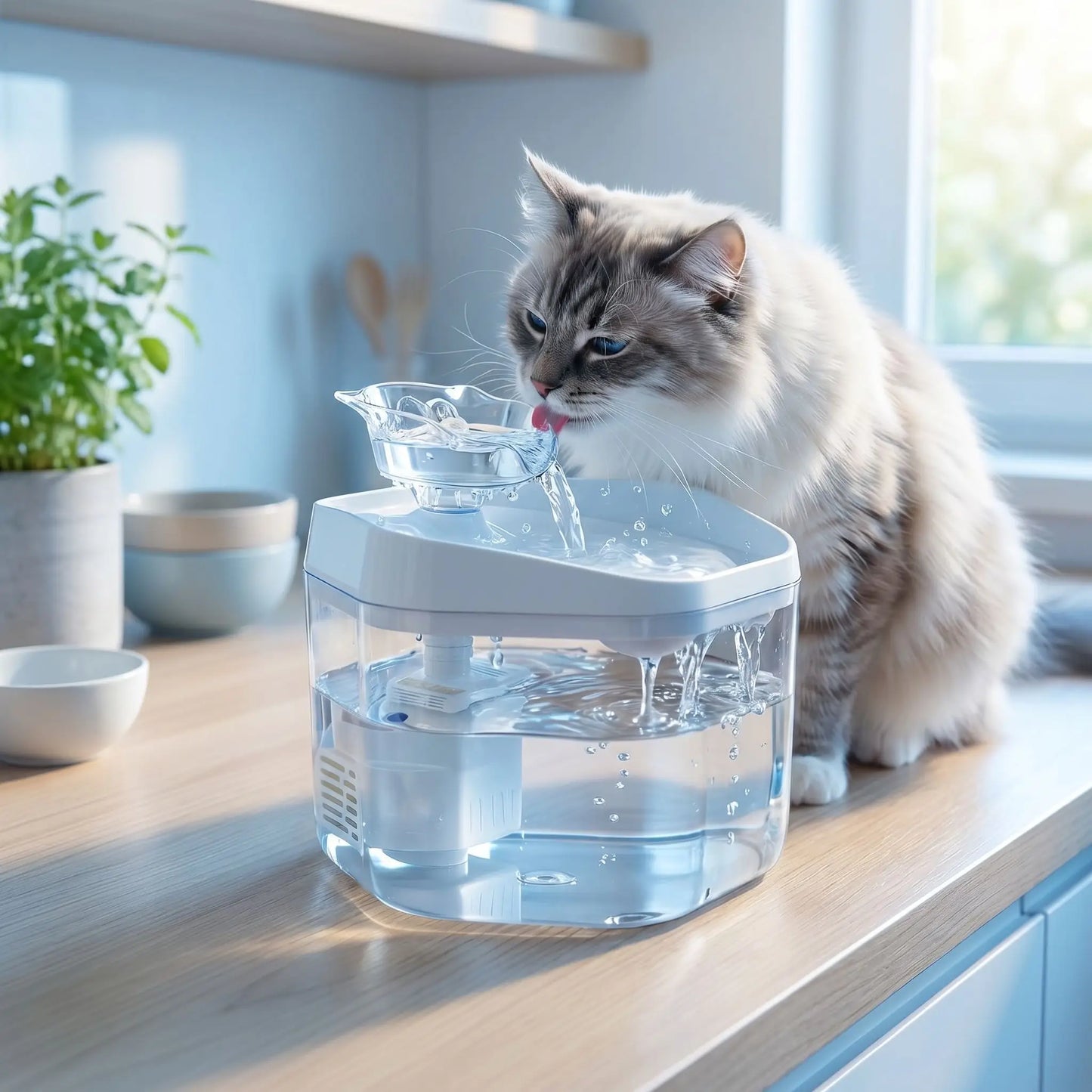 chat boit dans fontaine eau pour chat transparente