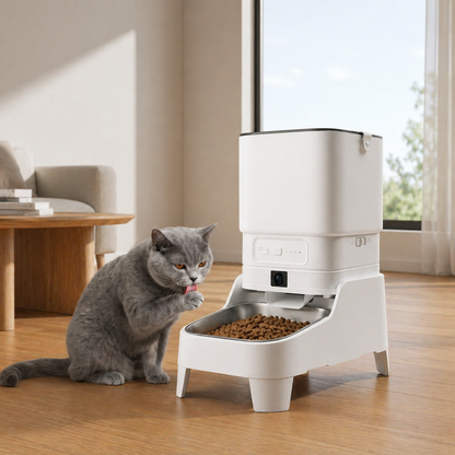 chat british shorthair pres de distributeur automatique croquettes chat