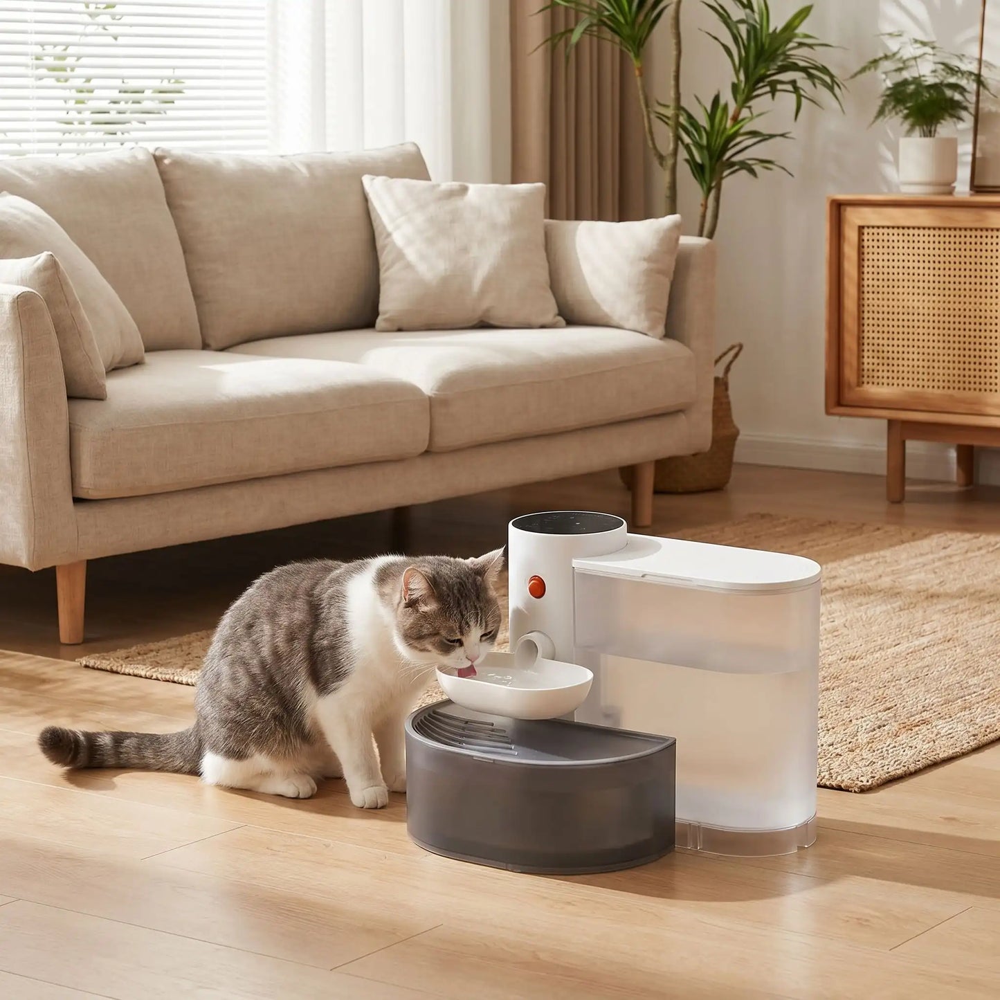 chat buvant dans distributeur d'eau pour chat dans salon