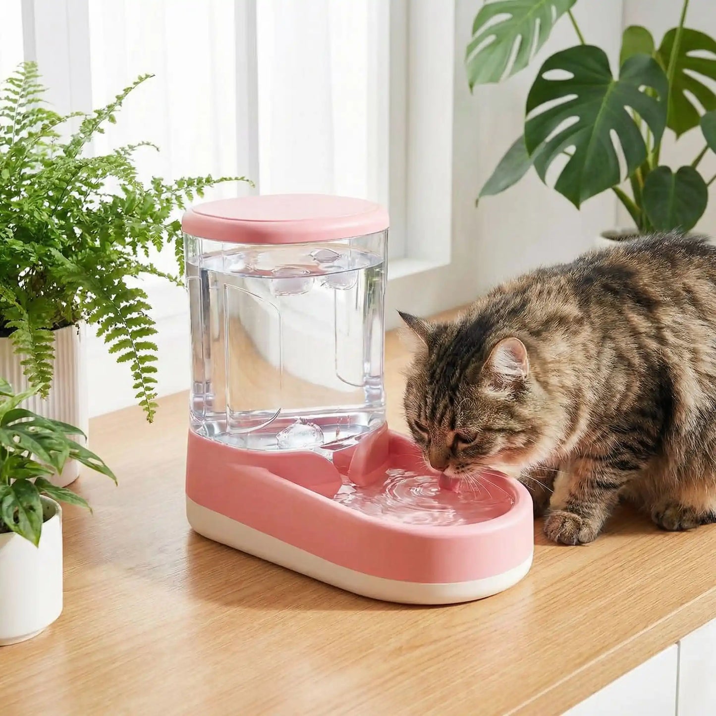 chat buvant dans distributeur eau chat rose