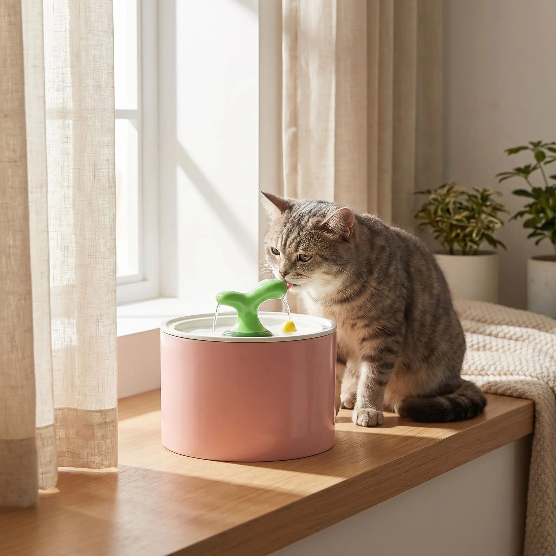 chat buvant dans fontaine a eau ceramique chat rose
