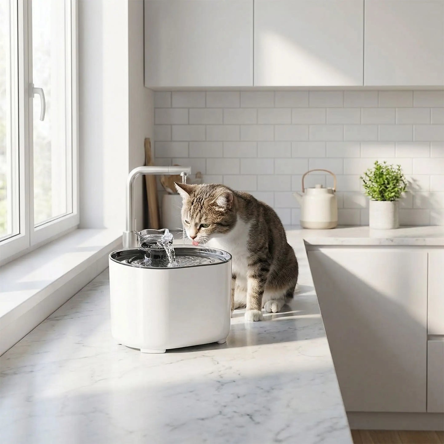 chat buvant dans fontaine a eau chat blanche dans cuisine