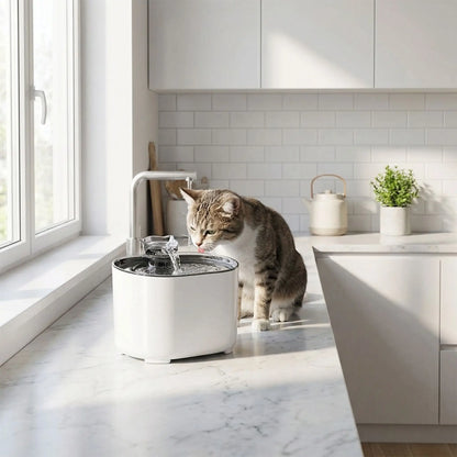 chat buvant dans fontaine a eau chat blanche dans cuisine