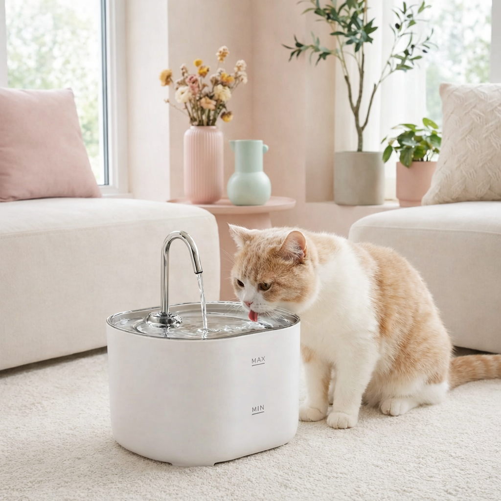 chat buvant dans fontaine a eau chat blanche