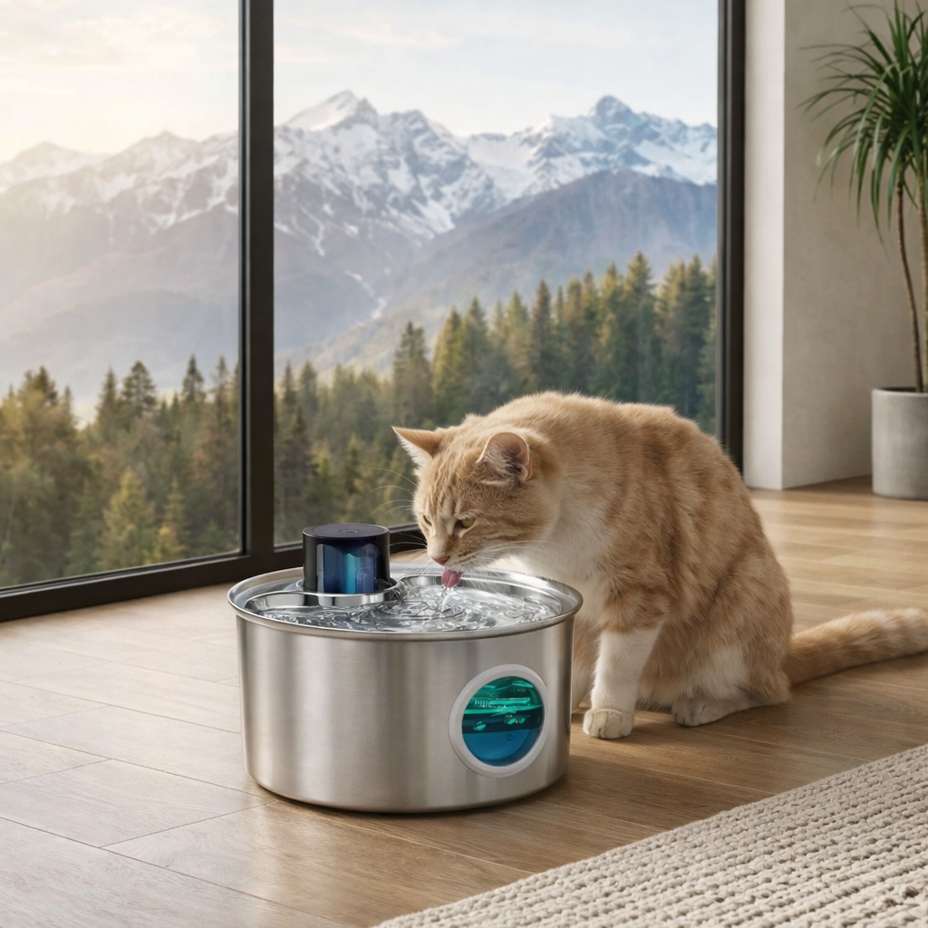 chat buvant dans fontaine a eau chat inox avec vue nature