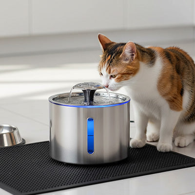 chat buvant dans fontaine a eau chat inox sur tapis