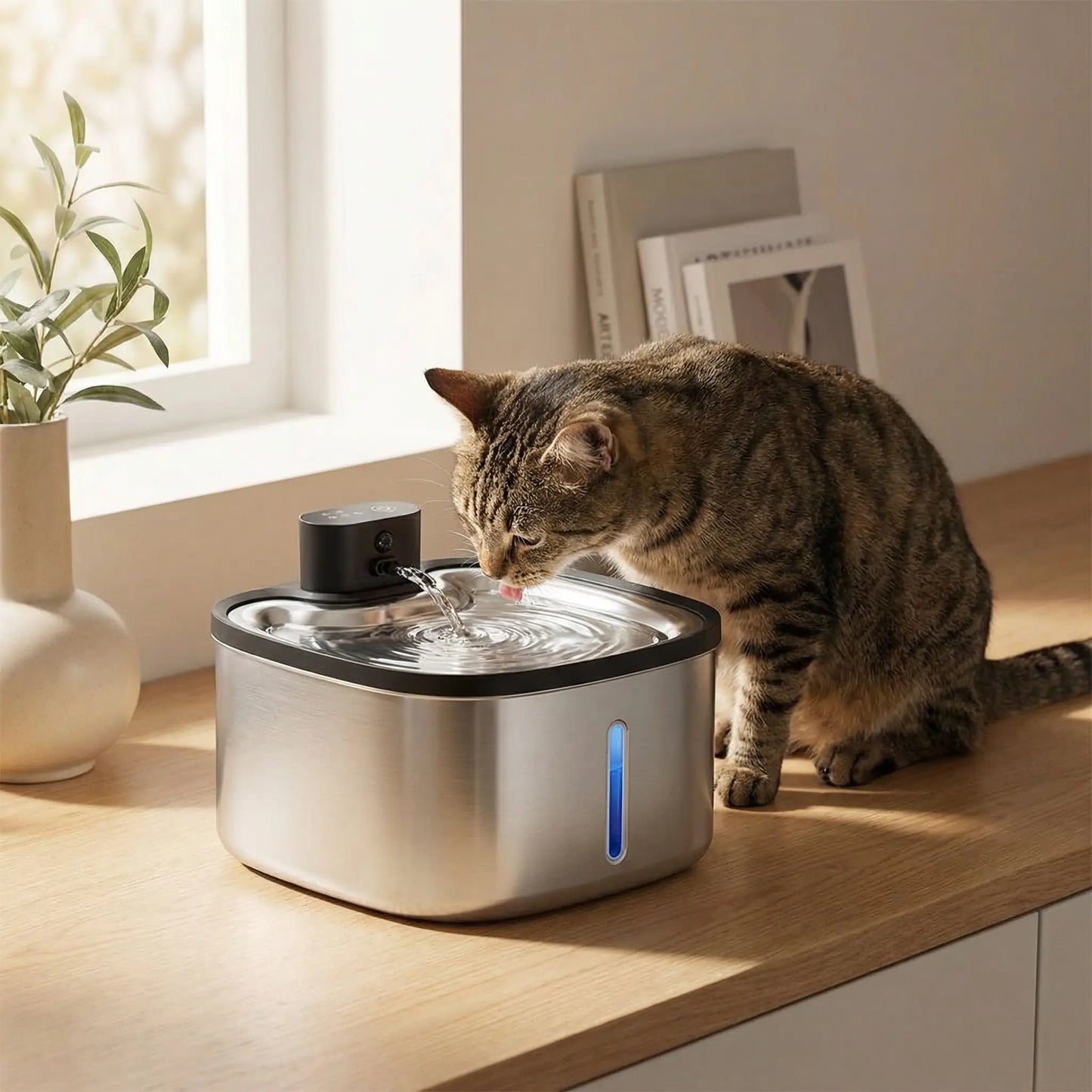 chat buvant dans fontaine a eau chat sans fil