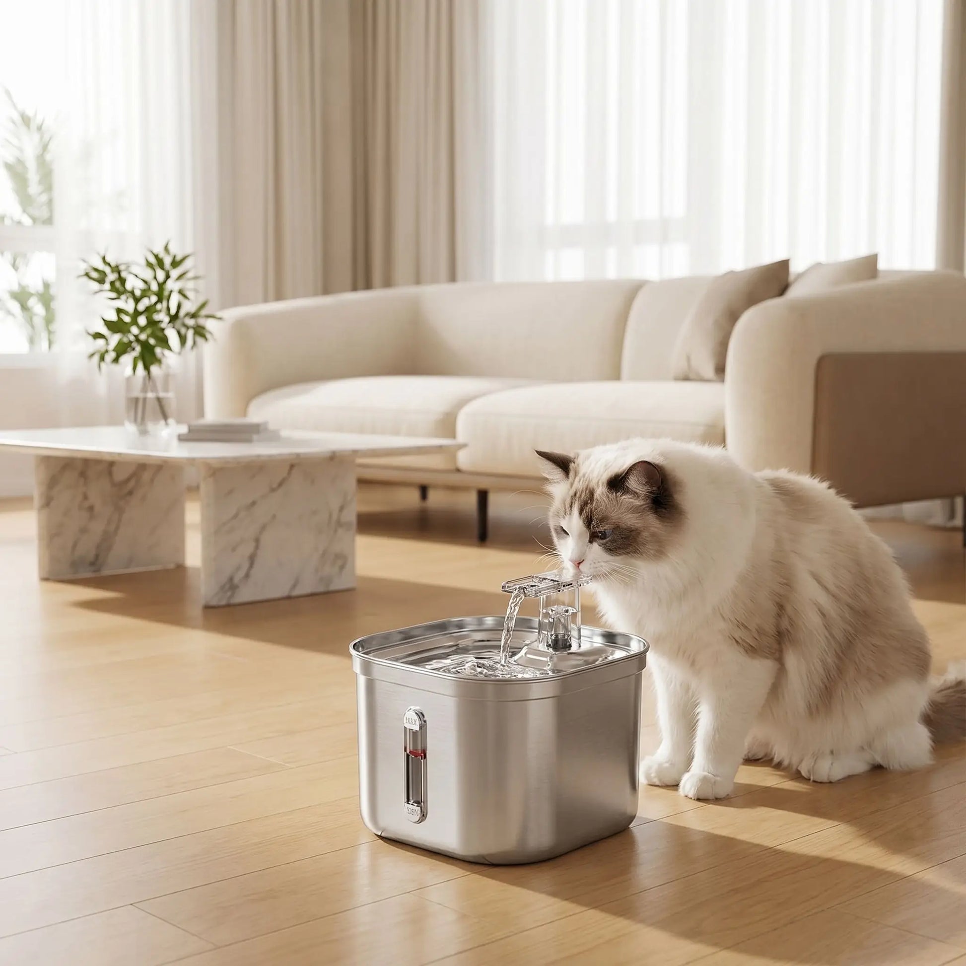 chat buvant dans fontaine a eau chat silencieuse dans salon