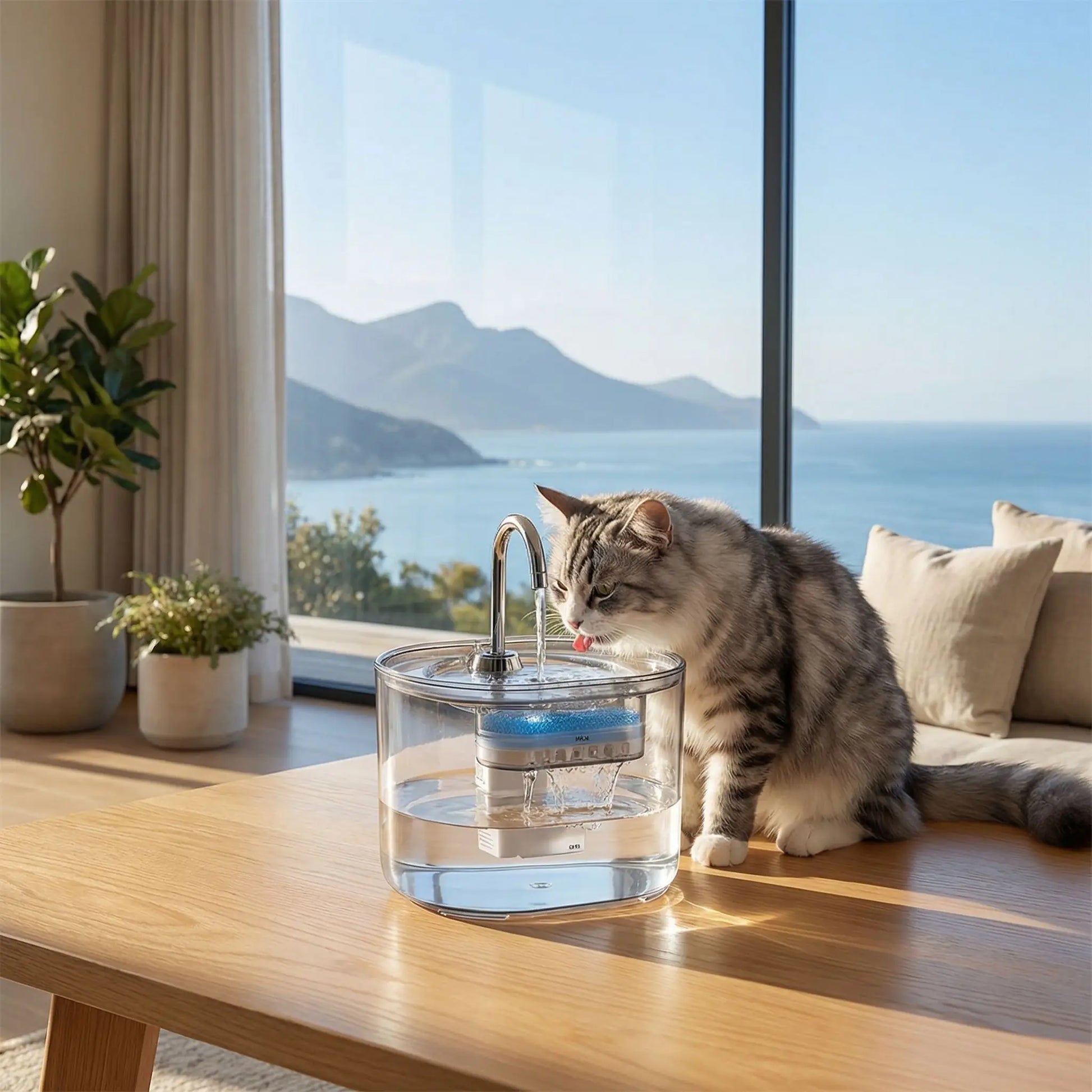 chat buvant dans fontaine a eau chat transparente