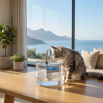 chat buvant dans fontaine a eau chat transparente