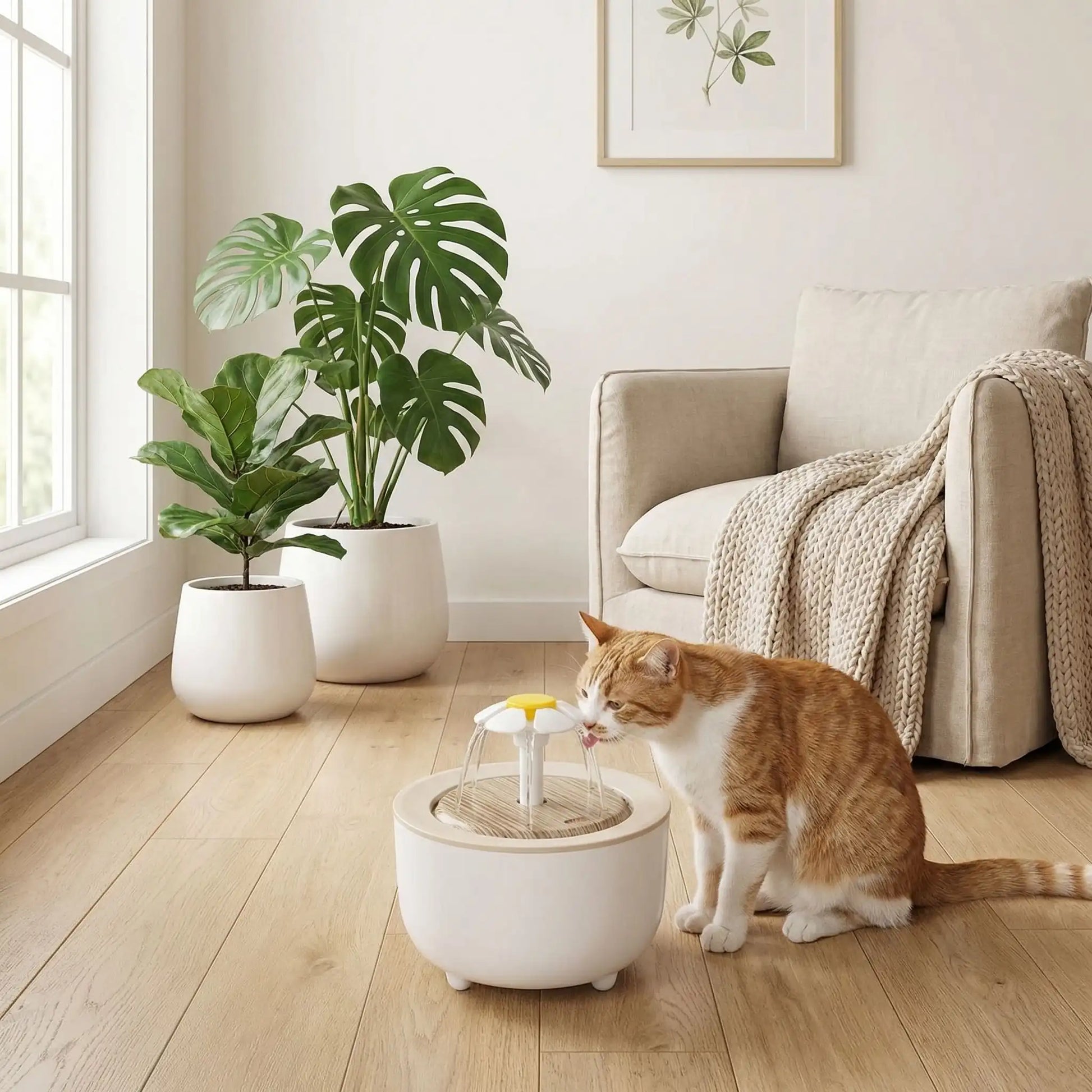 chat buvant dans fontaine eau chat blanc beige