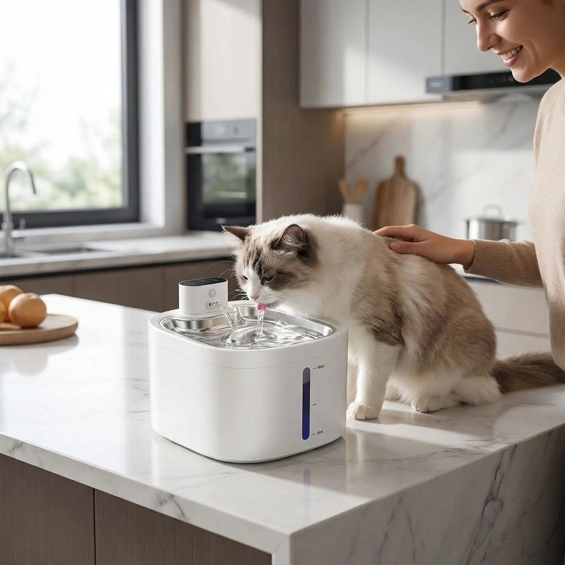 chat buvant dans fontaine eau chat blanche avec maitresse