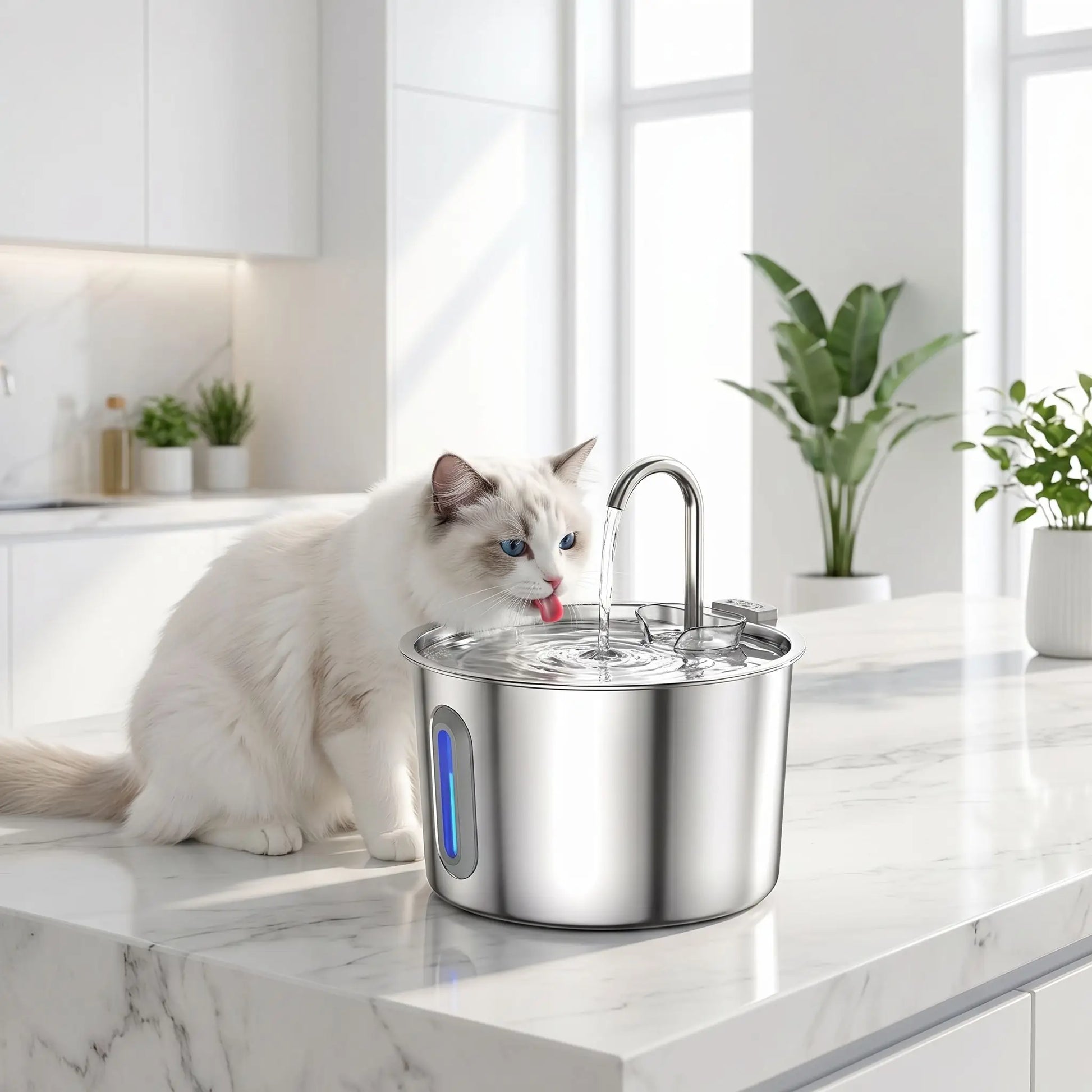 chat buvant dans fontaine eau  chat dans cuisine marbre