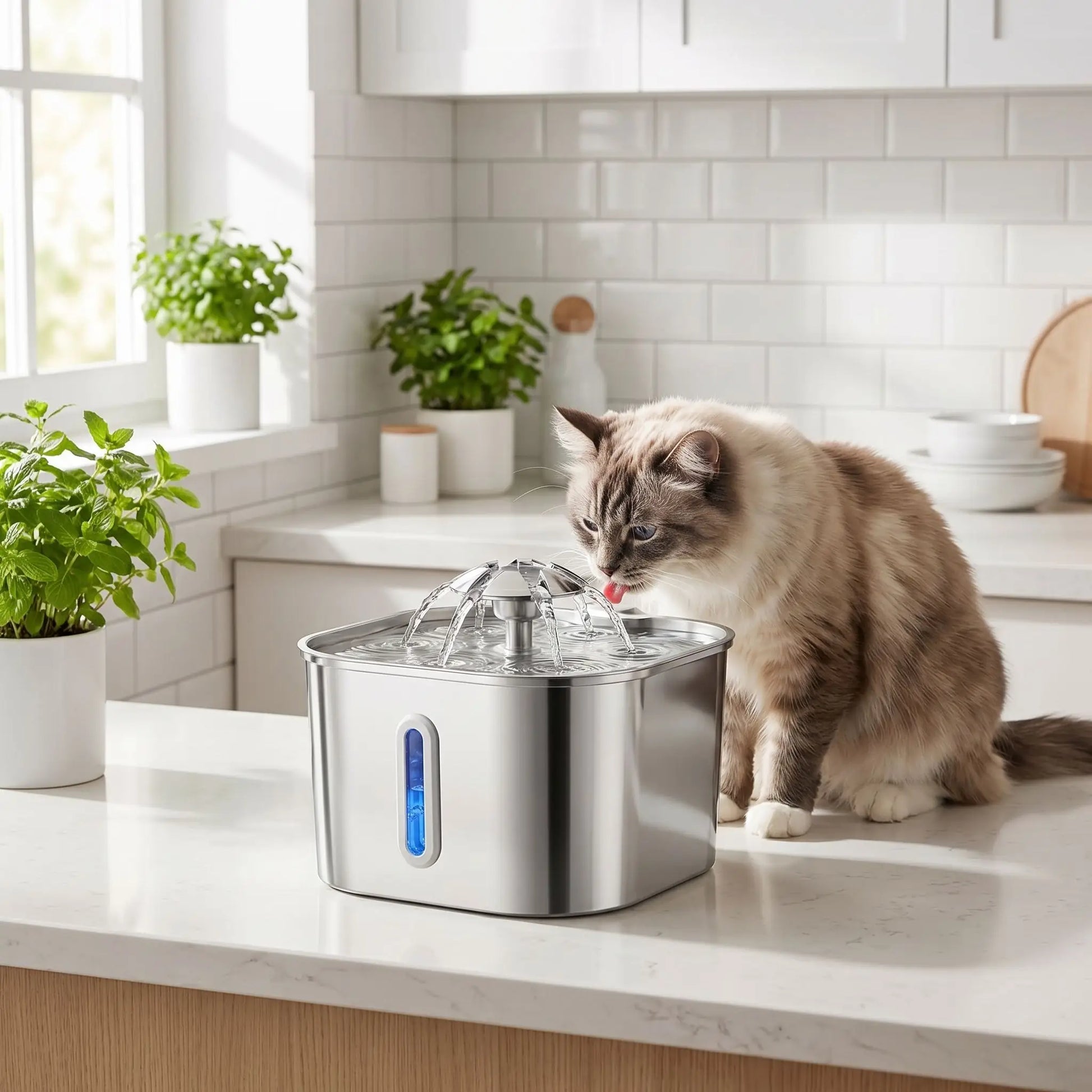 chat buvant dans fontaine eau chat dans cuisine