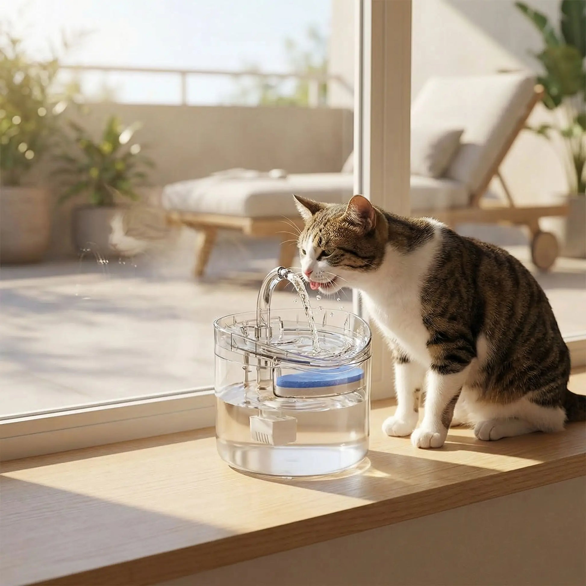 chat buvant dans fontaine eau chat devant terrasse