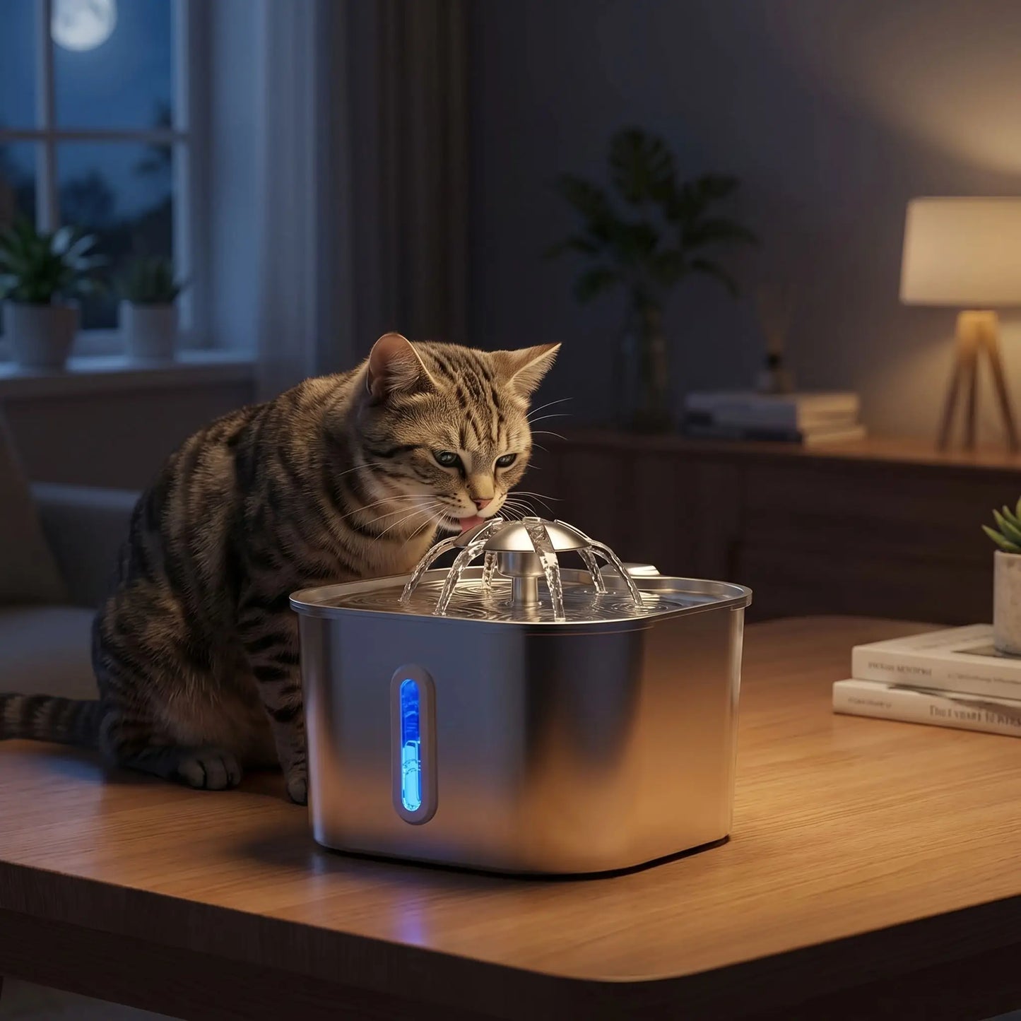 chat buvant dans fontaine eau chat en soiree