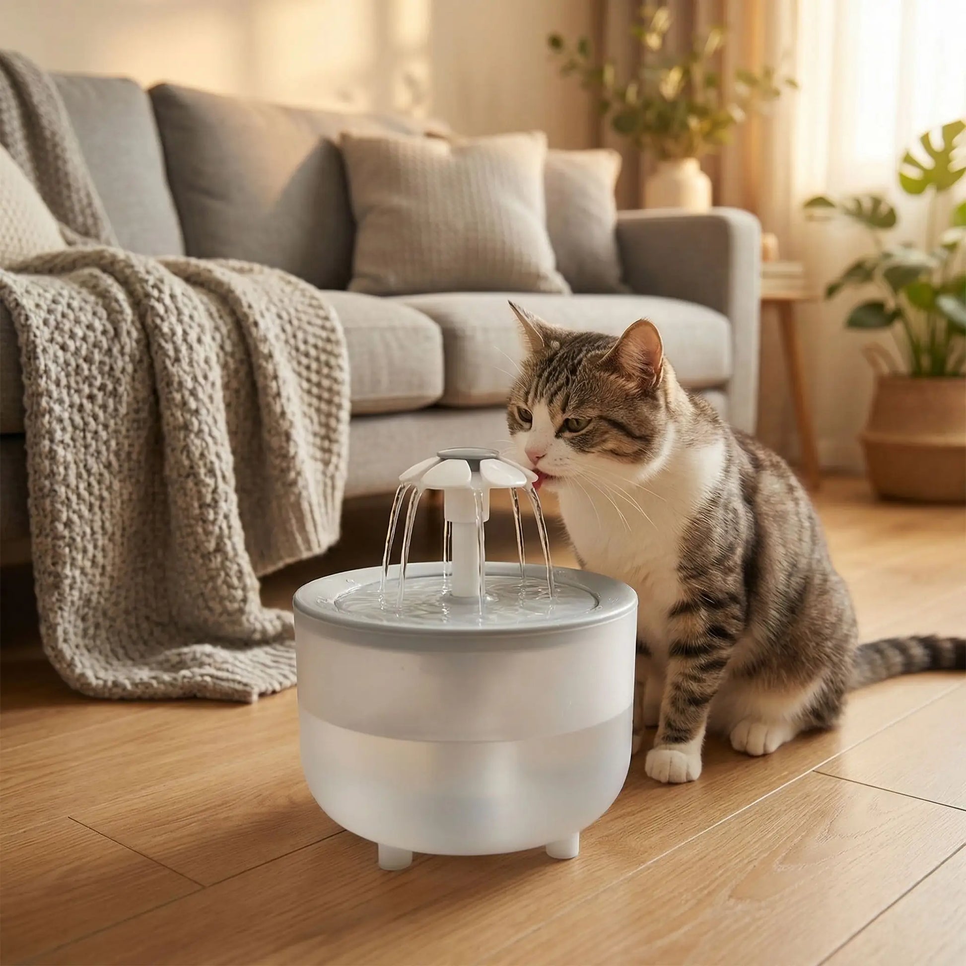 chat buvant dans fontaine eau chat grise