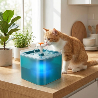 chat buvant dans fontaine eau chat verte