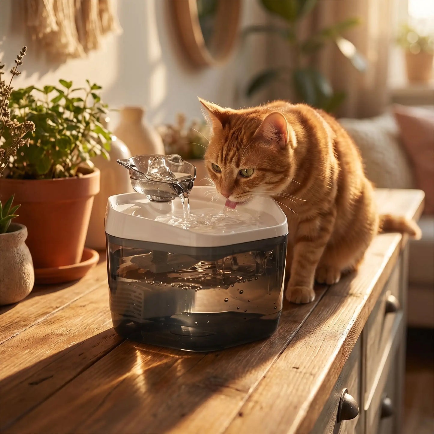 chat buvant dans fontaine eau pour chat noire
