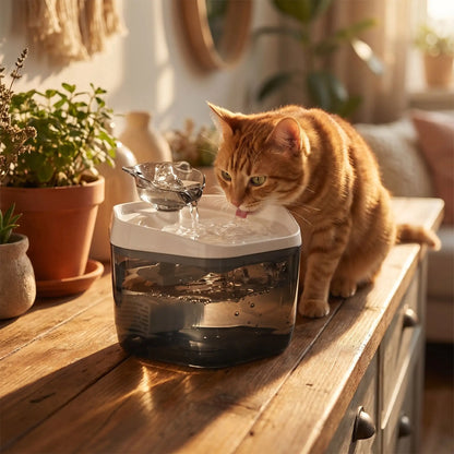chat buvant dans fontaine eau pour chat noire