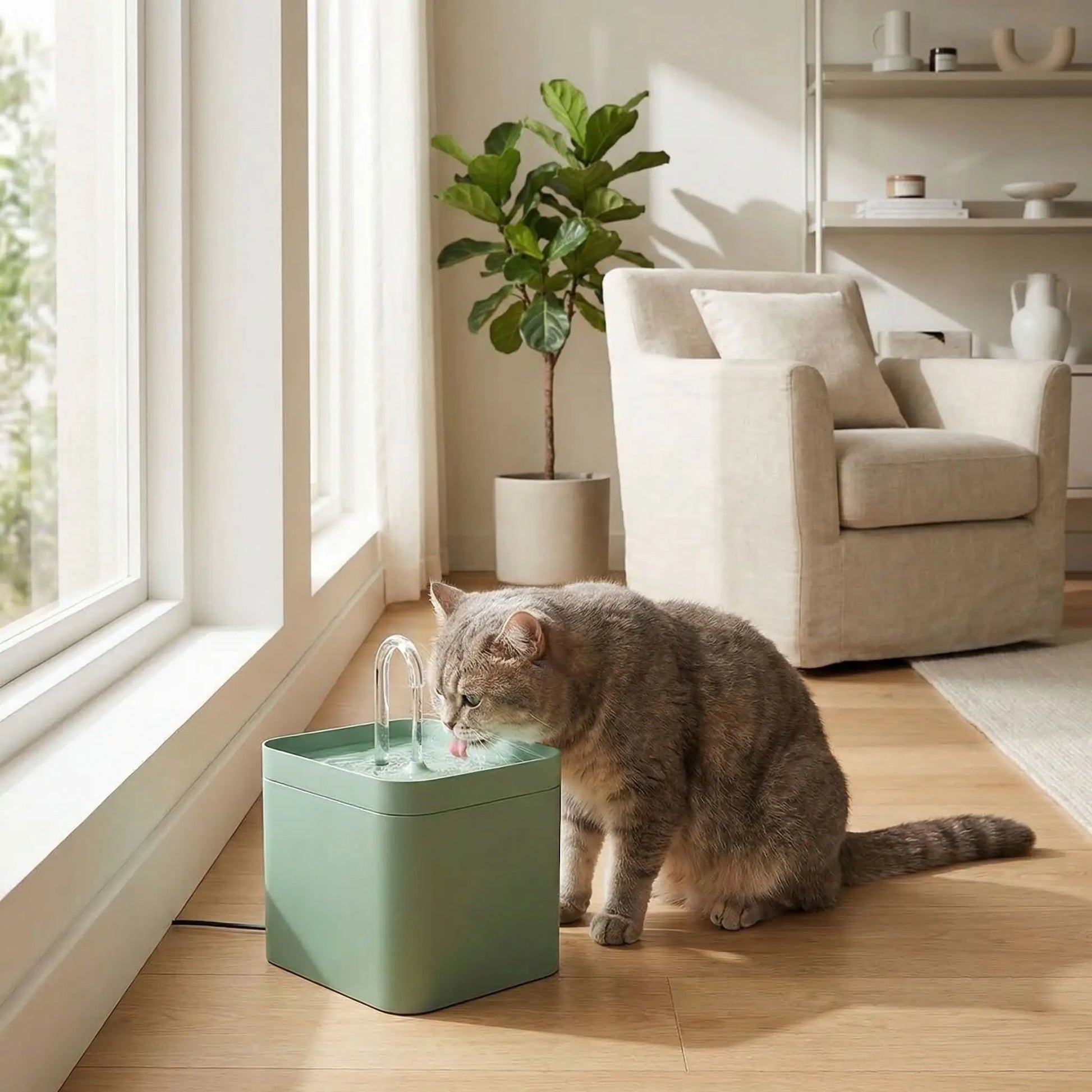 chat buvant dans fontaine eau pour chat