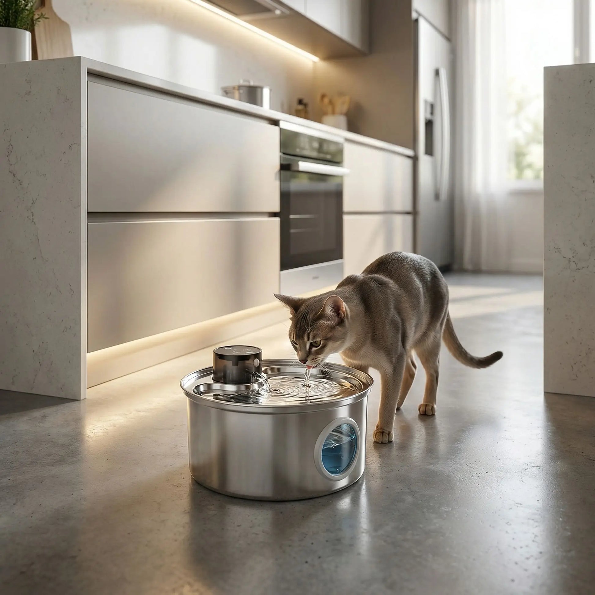 chat devant fontaine a eau chat intelligente dans cuisine 