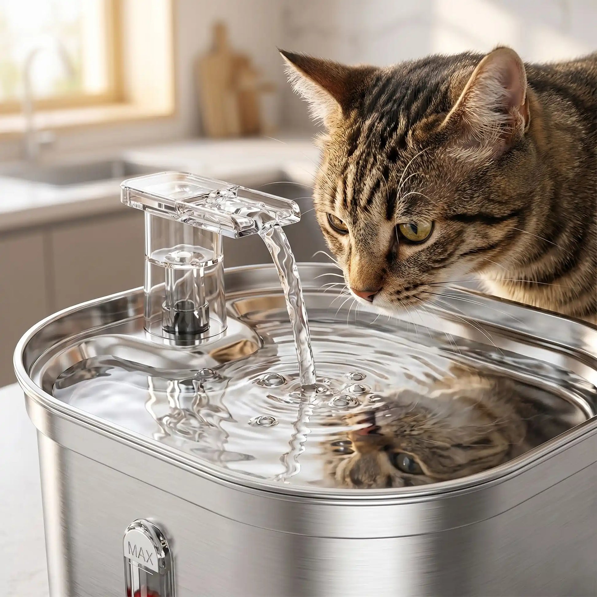 chat devant fontaine a eau chat silencieuse