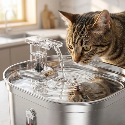 chat devant fontaine a eau chat silencieuse