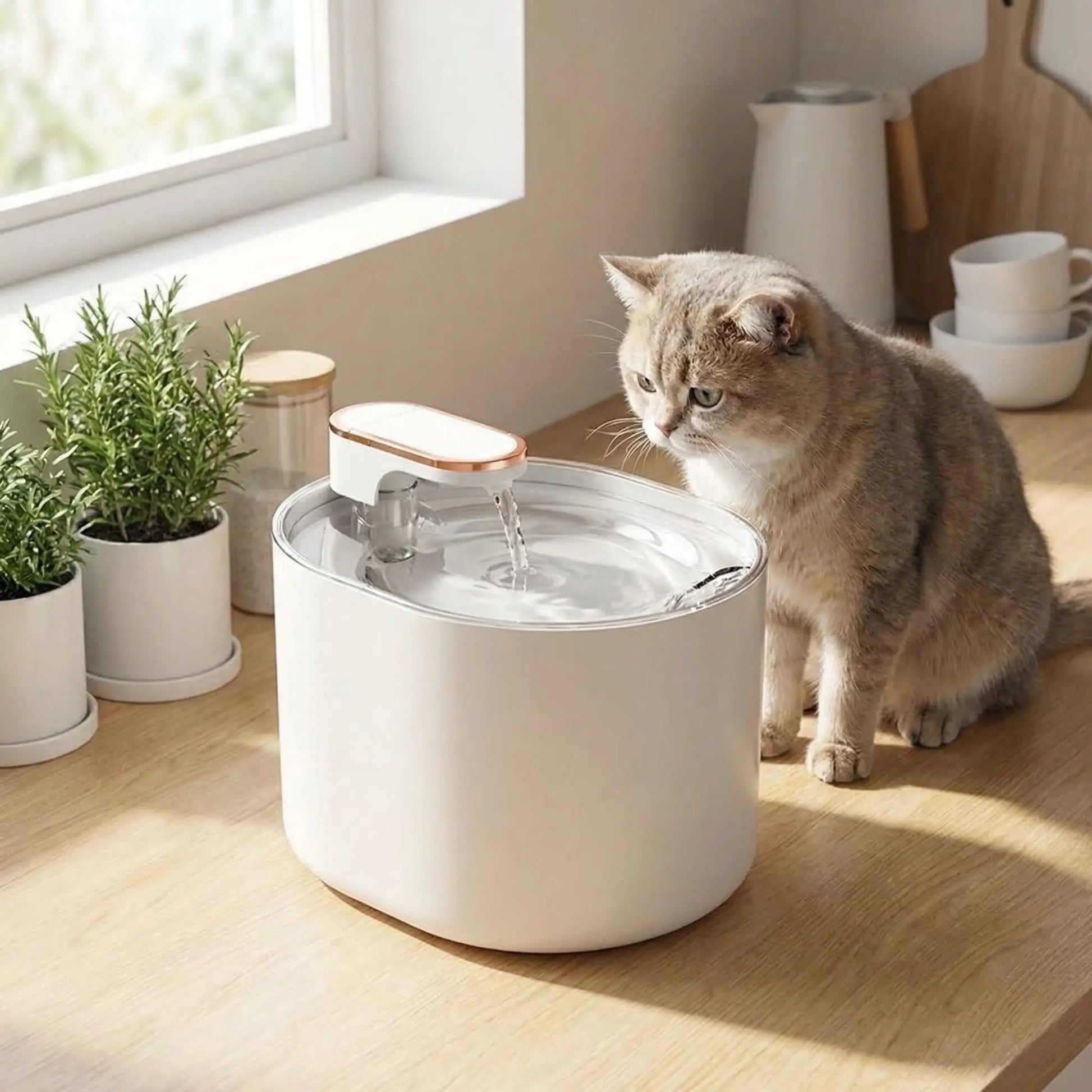 chat devant fontaine a eau pour chat blanche