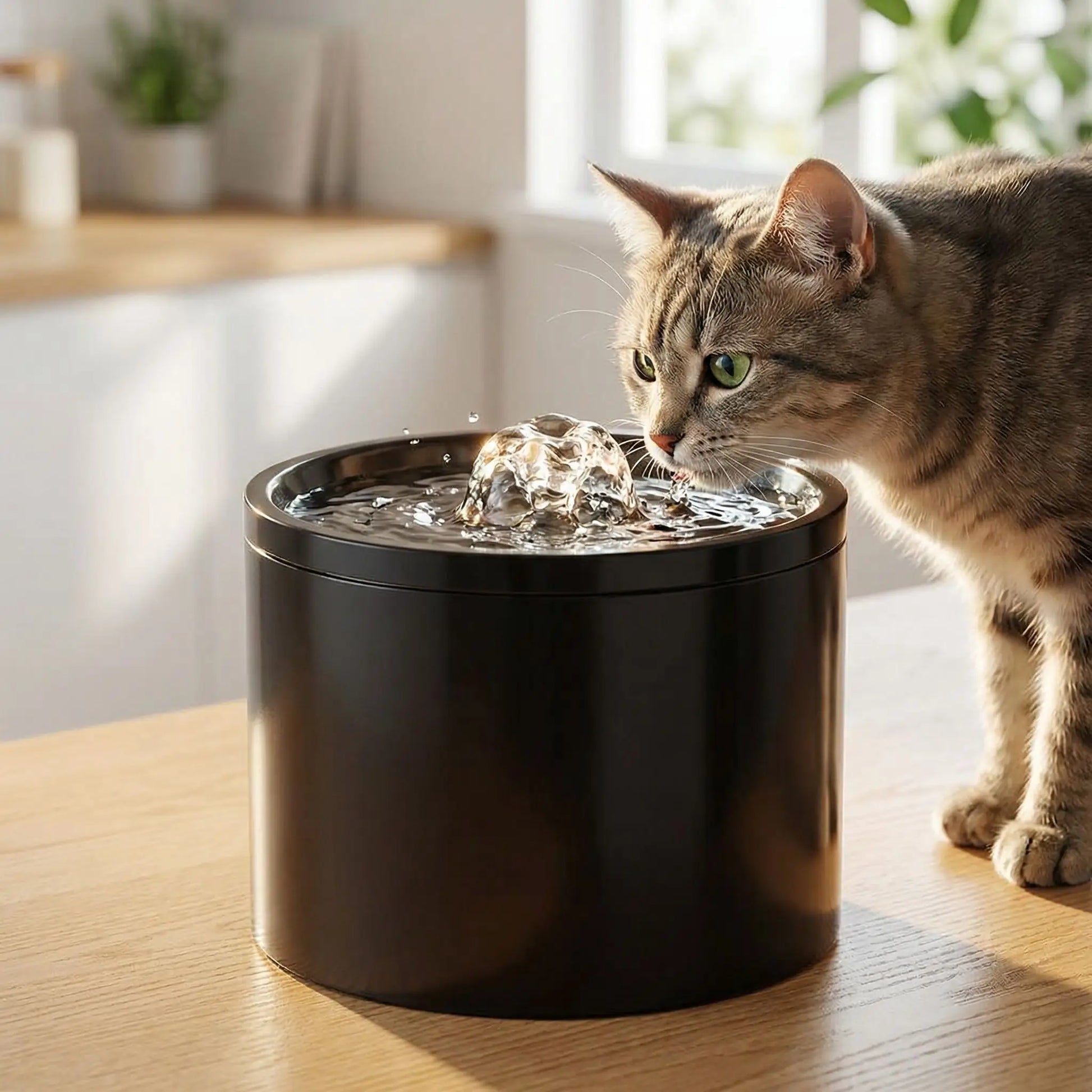 chat devant fontaine a eau pour chat ceramique noire