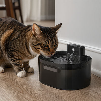 chat devant fontaine a eau pour chat sans fil