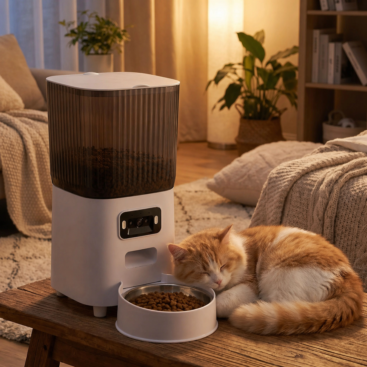 chat dormant pres de distributeur automatique de croquettes chat