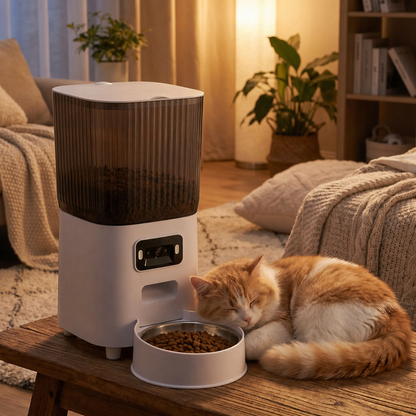 chat dormant pres de distributeur automatique de croquettes chat