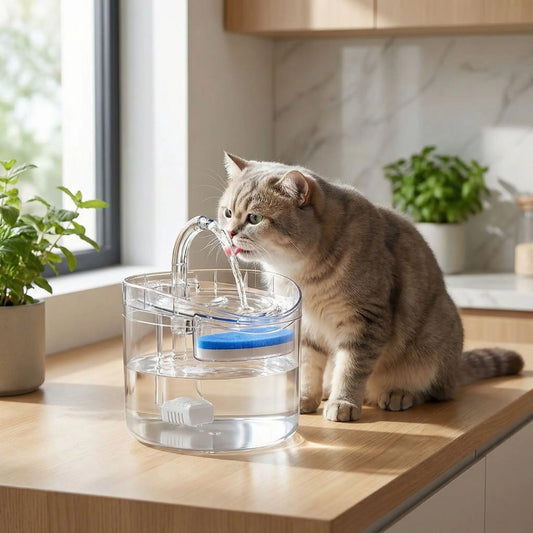 chat gris boit dans fontaine eau chat dans cuisine