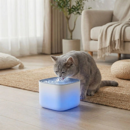 chat gris boit dans fontaine eau chat led blanche