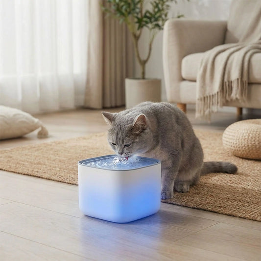 chat gris boit dans fontaine eau chat led blanche