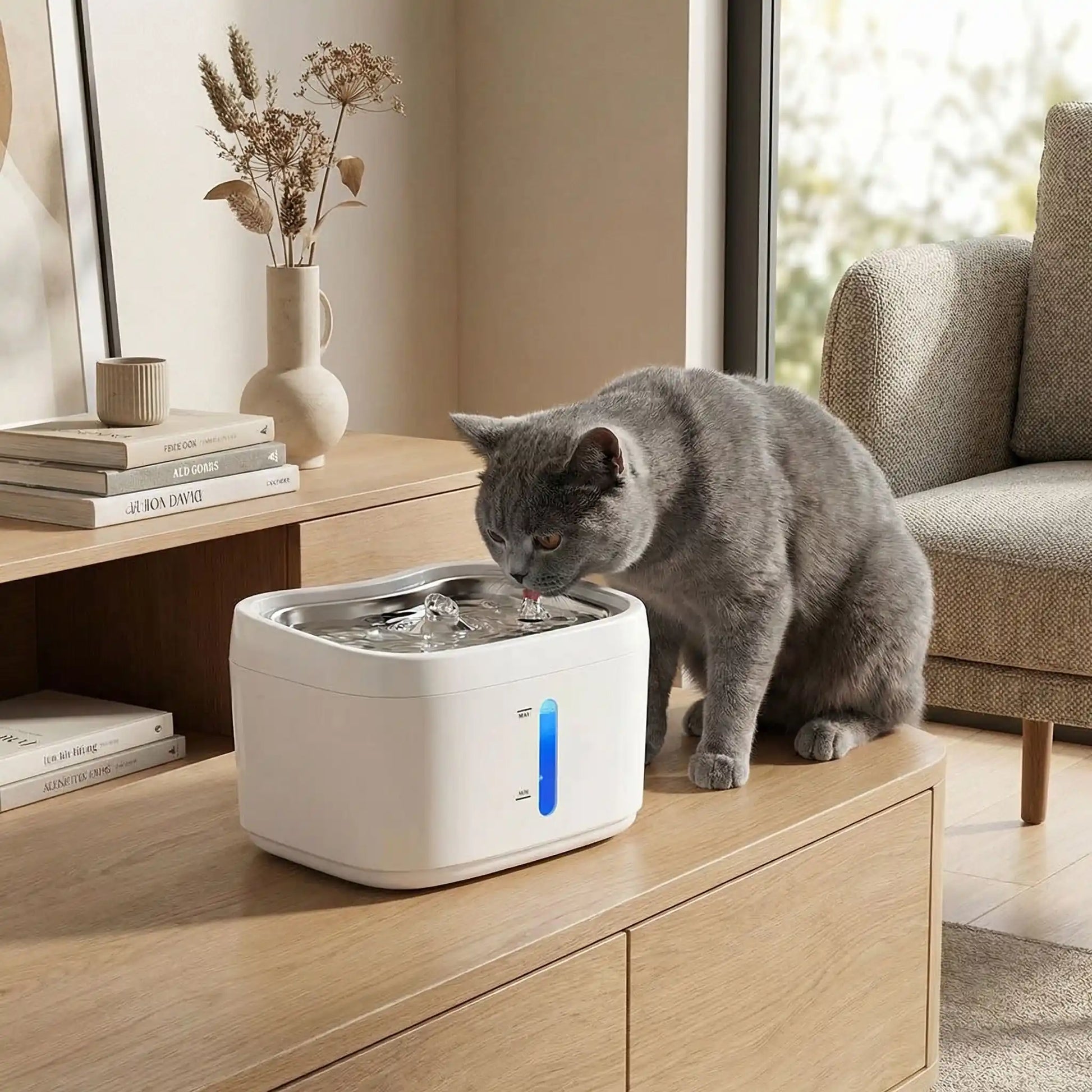 chat gris buvant dans fontaine a chat dans salon