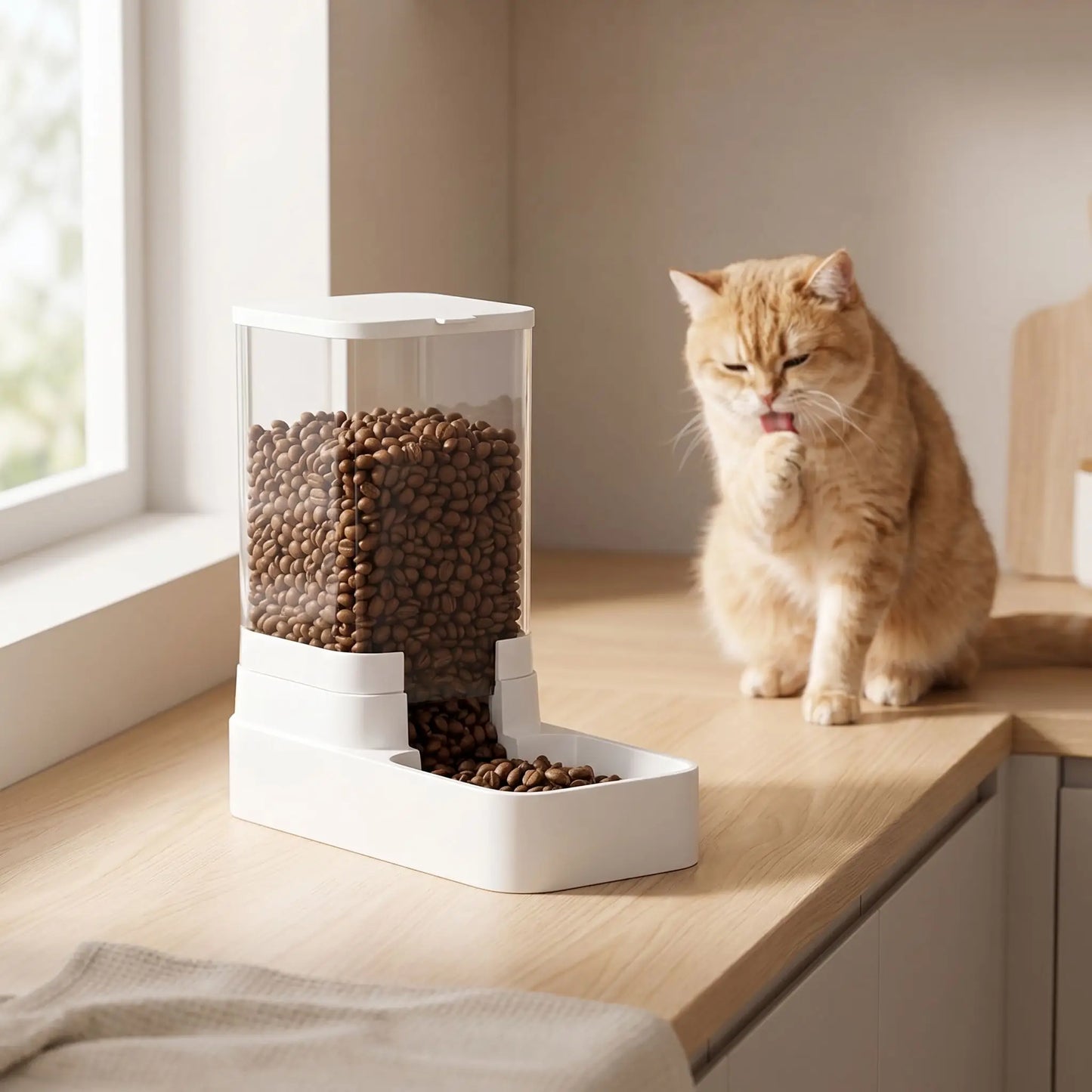chat leche sa patte pres de distributeur croquette chat