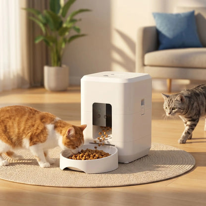 chat mange dans distributeur automatique croquettes chat blanc dans salon